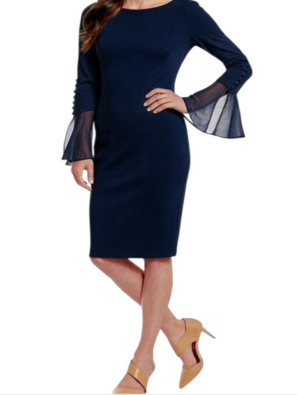 NWT Calvin Klein Navy Bell-Sleeve Sheath Dress Size 4P - Picture 4 of 8